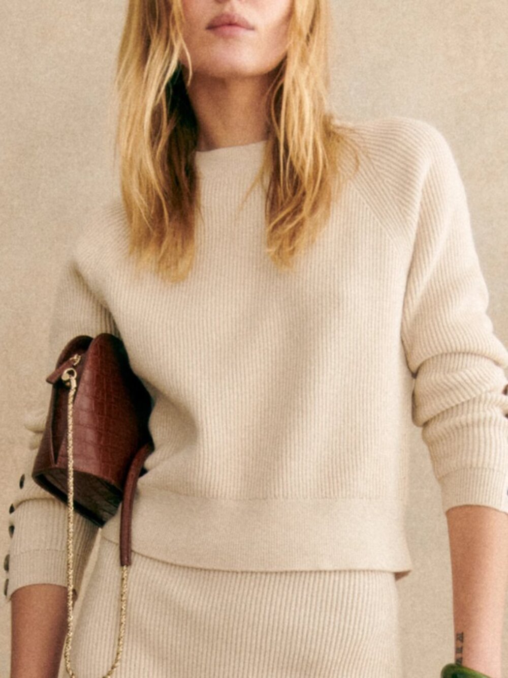 Sezane Sami Ribbed Beige Cream Crop Pullover Sweater Small